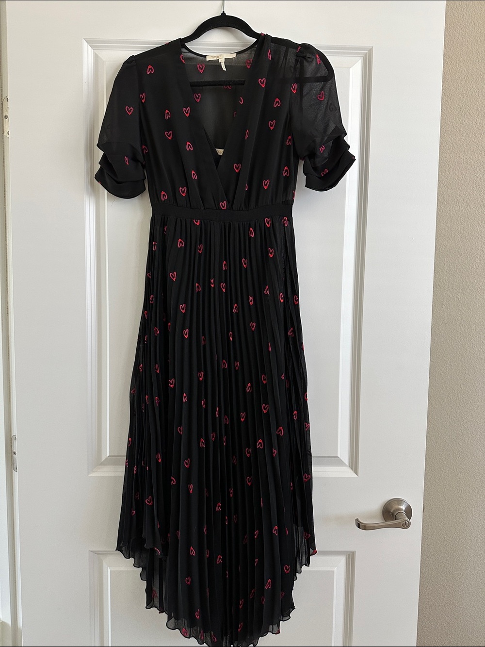 Maje Black Pleated Dress with Red Heart Print